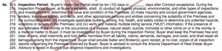 Arizona Residential Resale Purchase Contract - Inspection Period